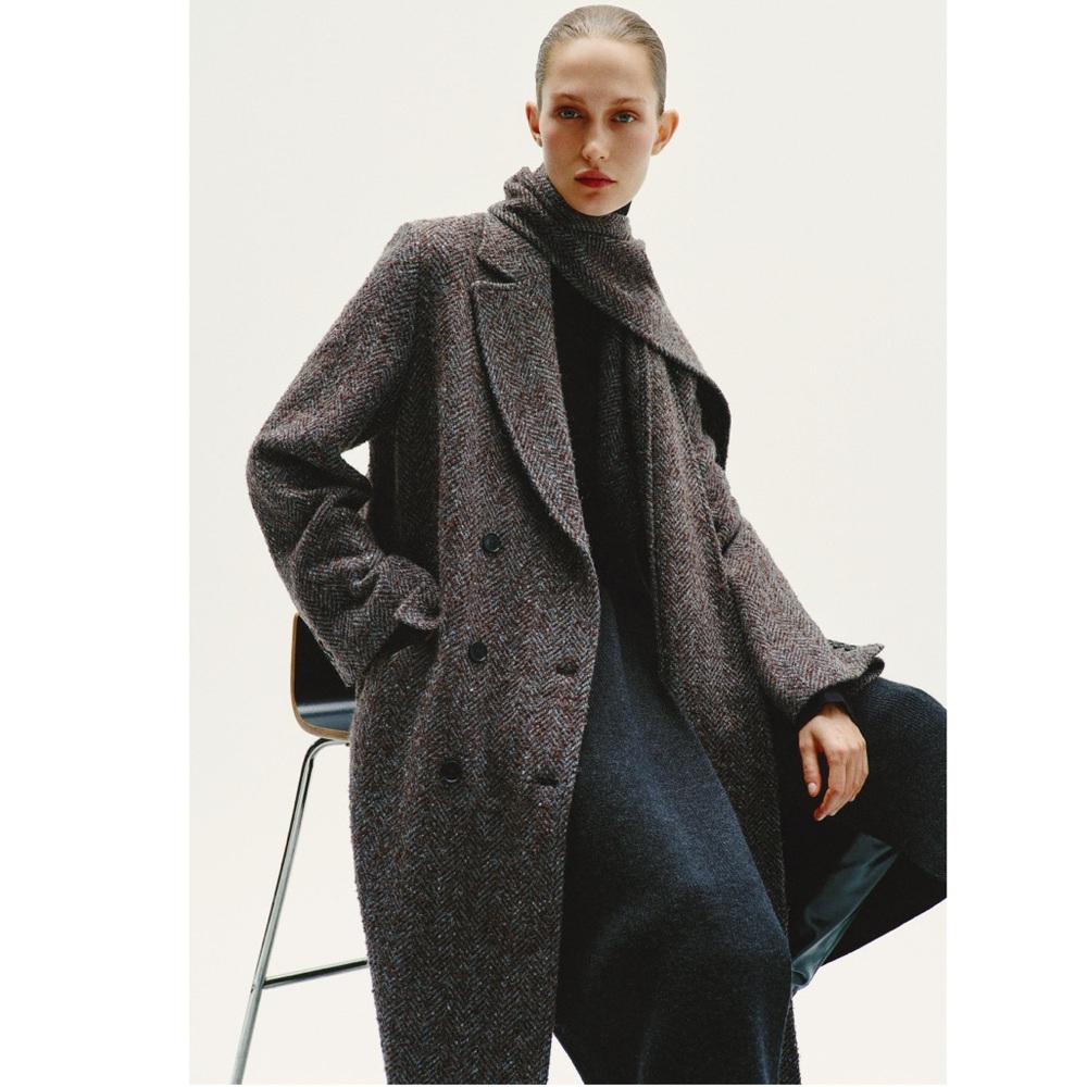 Zara Brown Herringbone Double-Breasted Trench Coat